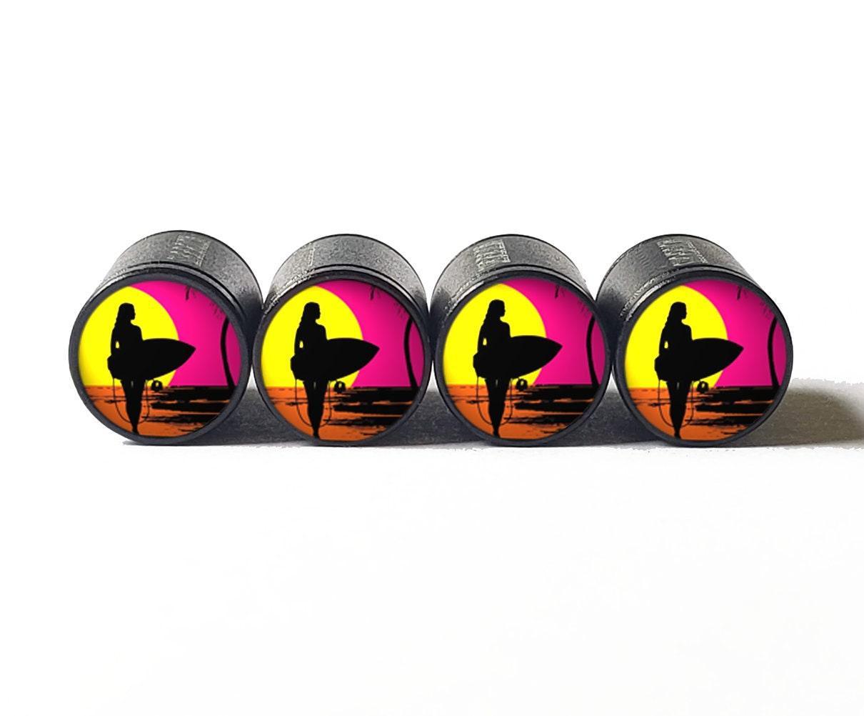 Surfer Girl and Beach Sunset Tire Valve Caps - Aluminum - Set of Four