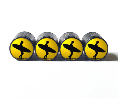 Surfer Girl with Surfboard Tire Valve Caps - Black Aluminum - Set of 4