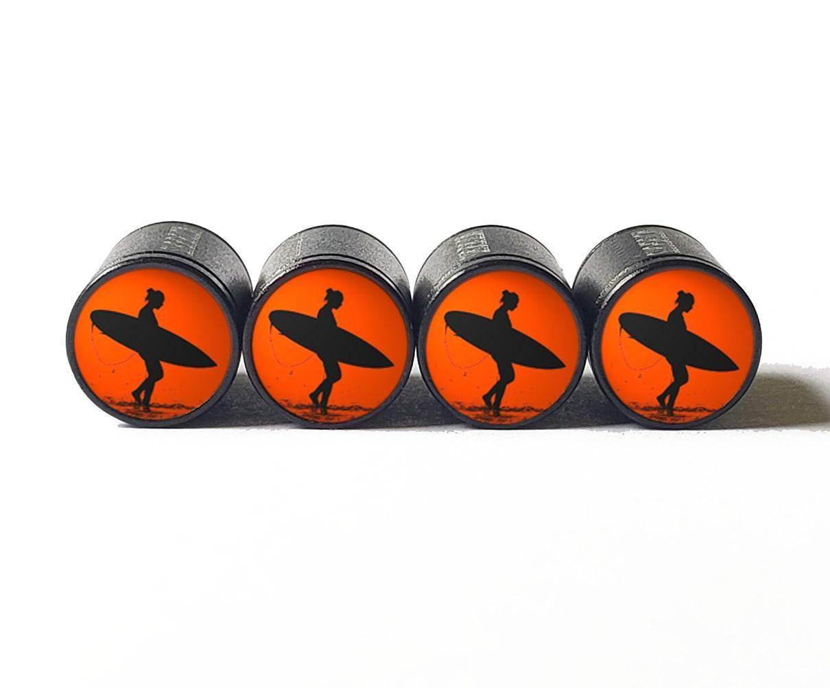 Surfer Girl with Surfboard Tire Valve Caps - Black Aluminum - Set of 4