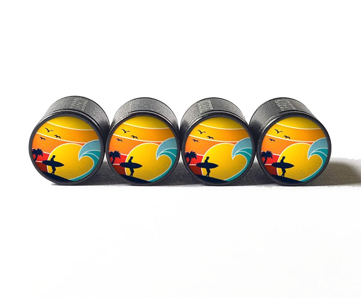 Surfer Guy and Beach Sunset Tire Valve Caps - Aluminum - Set of Four