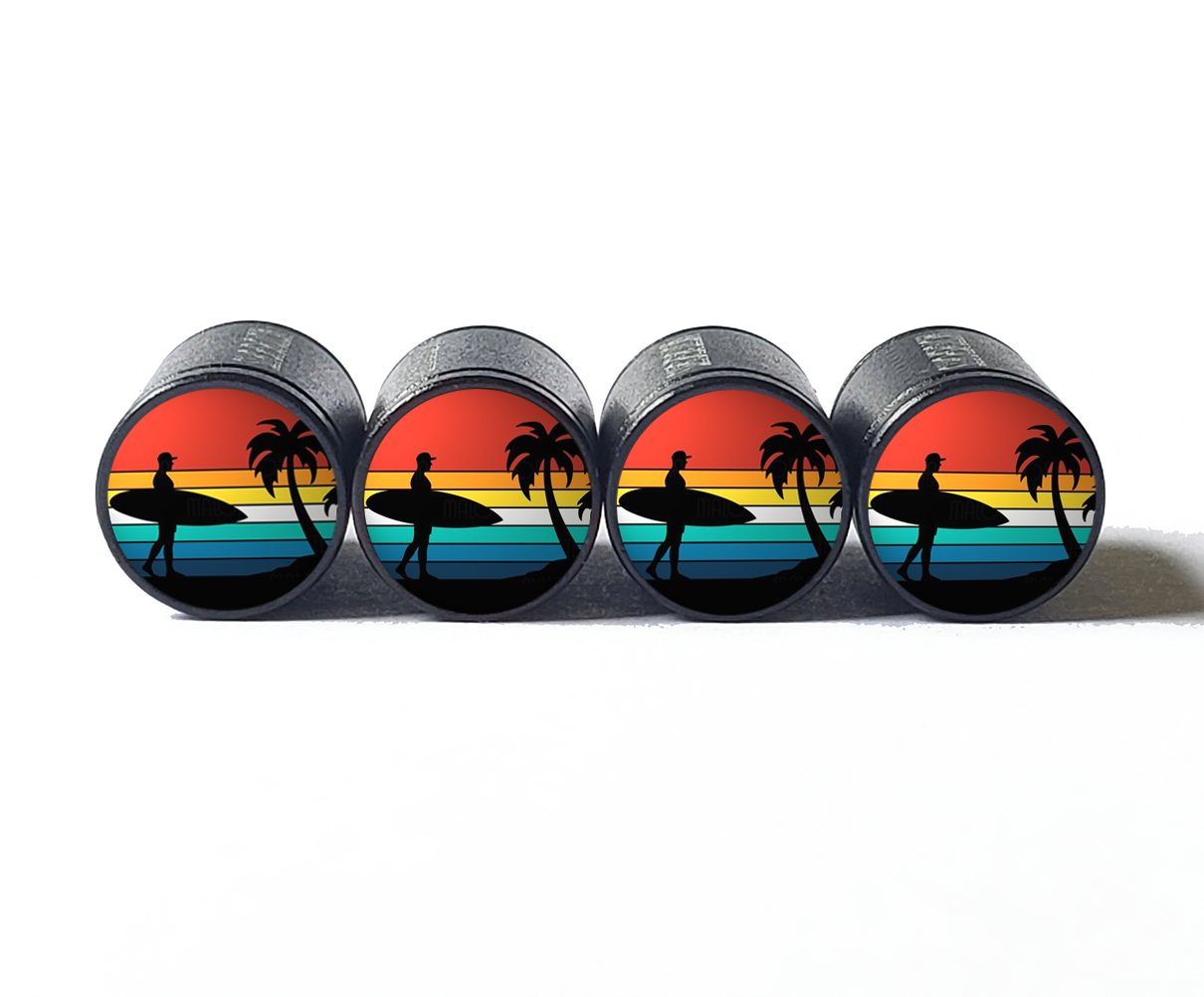 Surfer Guy and Palm Tree Tire Valve Caps - Black Aluminum - Set of Four