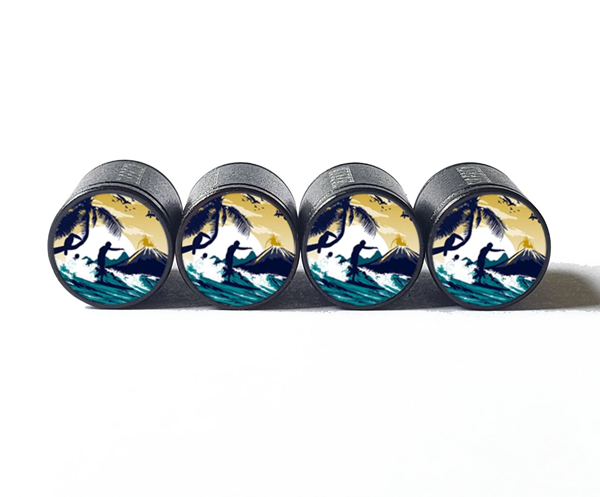 Surfing in Hawaii Tire Valve Caps - Black Aluminum - Set of Four