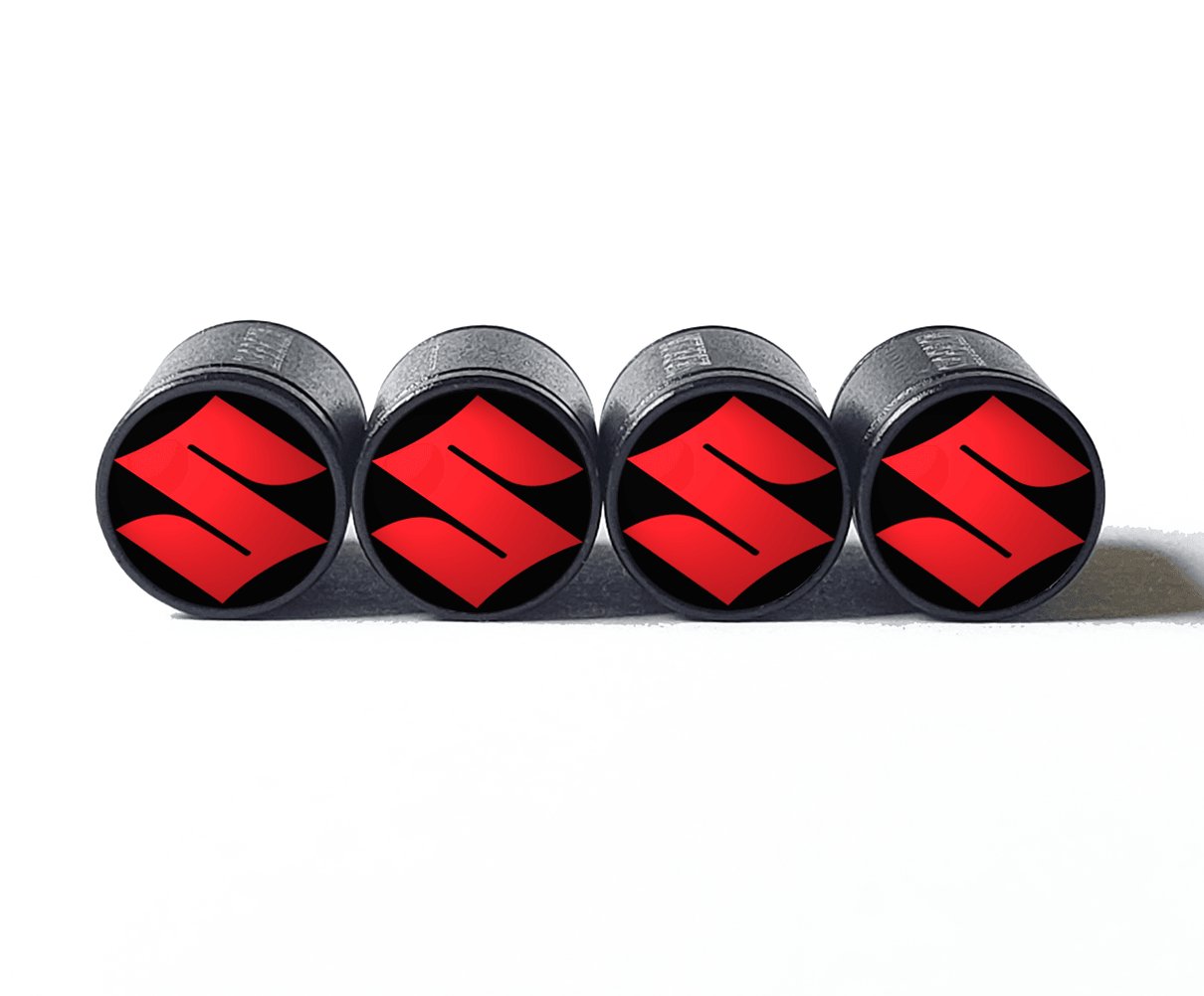 Suzuki Logo Tire Valve Caps - Black Aluminum - Set of Four