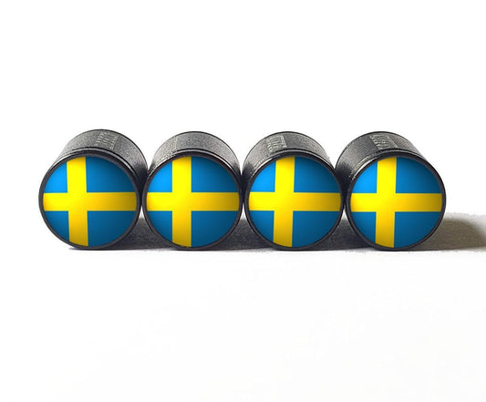 Sweden Flag Tire Valve Stem Caps - Black Aluminum - Set of Four