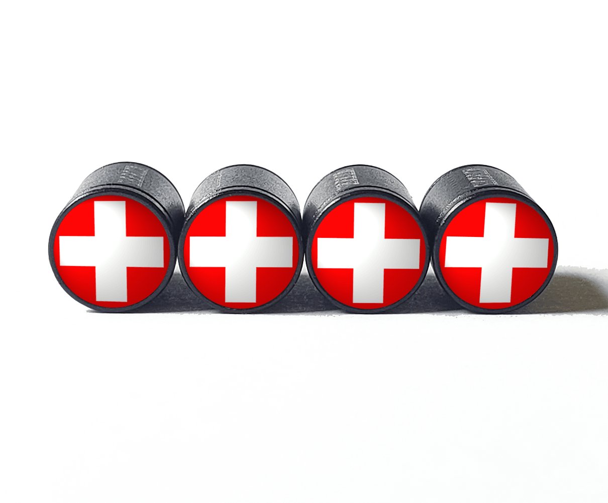 Switzerland Swiss Flag Tire Valve Stem Caps - Black Aluminum - Set of Four