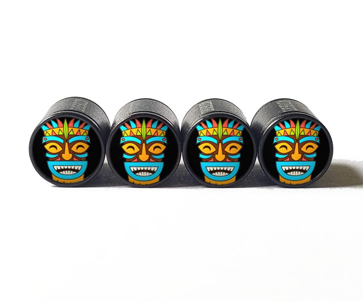 Tiki Head (Style 1) Tire Valve Caps - Black Aluminum - Set of Four