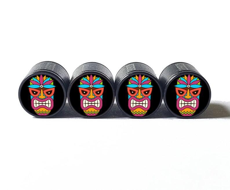 Tiki Head (Style 2) Tire Valve Caps - Black Aluminum - Set of Four