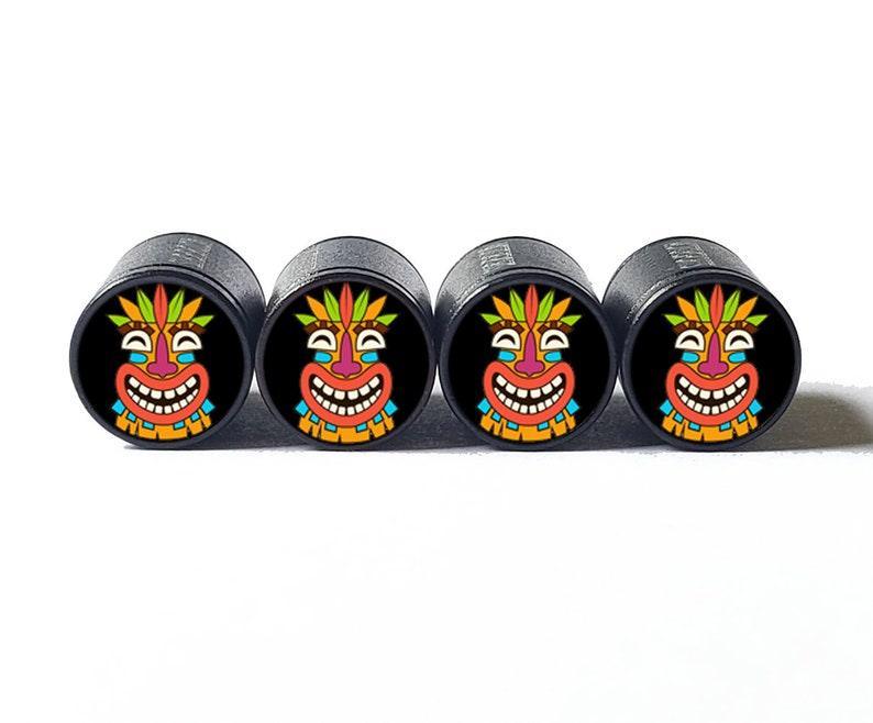 Tiki Head (Style 3) Tire Valve Caps - Black Aluminum - Set of Four