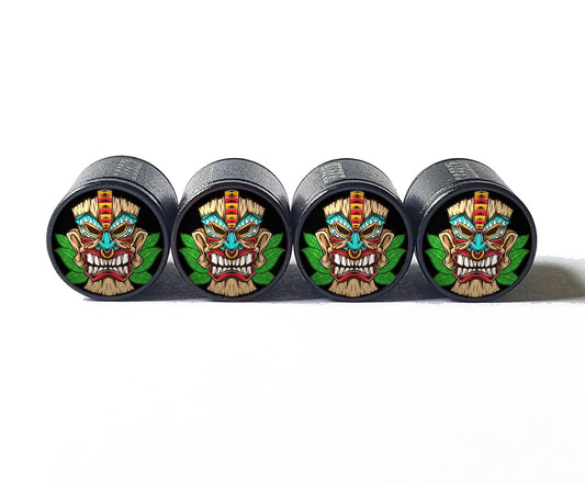 Tiki Head (Style 4) Tire Valve Caps - Black Aluminum - Set of Four