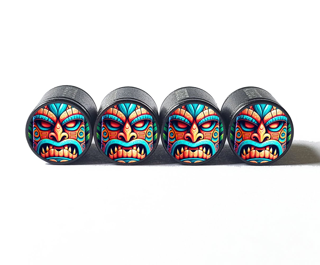 Tiki Head (Style 5) Tire Valve Caps - Black Aluminum - Set of Four