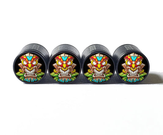 Tiki Head (Style 6) Tire Valve Caps - Black Aluminum - Set of Four