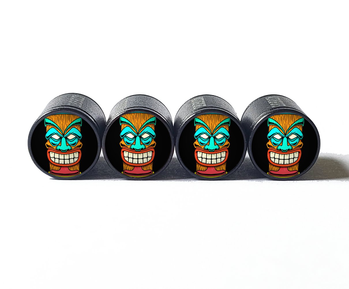 Tiki Head (Style 7) Tire Valve Caps - Black Aluminum - Set of Four - AutoValveCaps