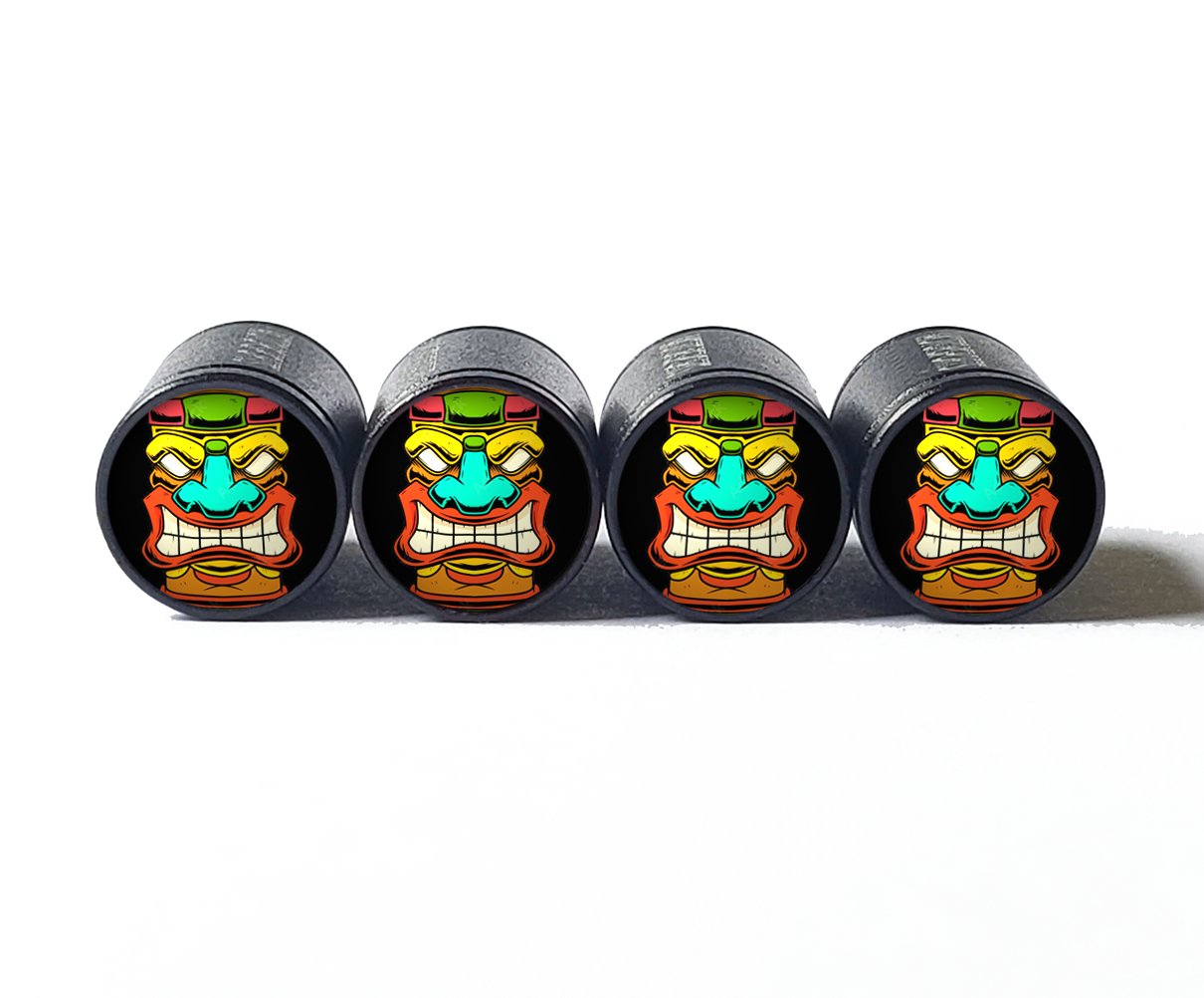 Tiki Head (Style 9) Tire Valve Caps - Black Aluminum - Set of Four