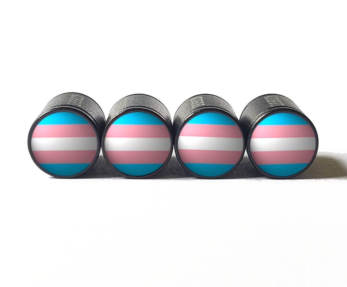 Transgender Flag Tire Valve Stem Caps - Black Aluminum - Set of Four