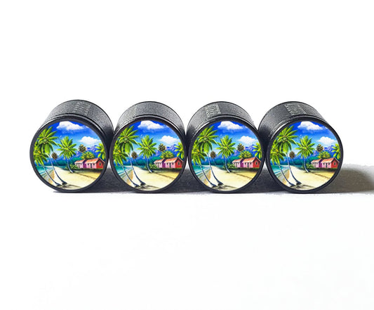 Tropical Beach Paradise Tire Valve Caps - Black Aluminum - Set of Four