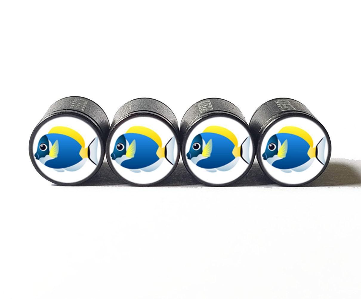 Tropical Fish Emoji Tire Valve Caps - Black Aluminum - Set of Four