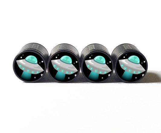 UFO Spaceship Alien Emoji Tire Valve Caps - Black Aluminum - Set of 4