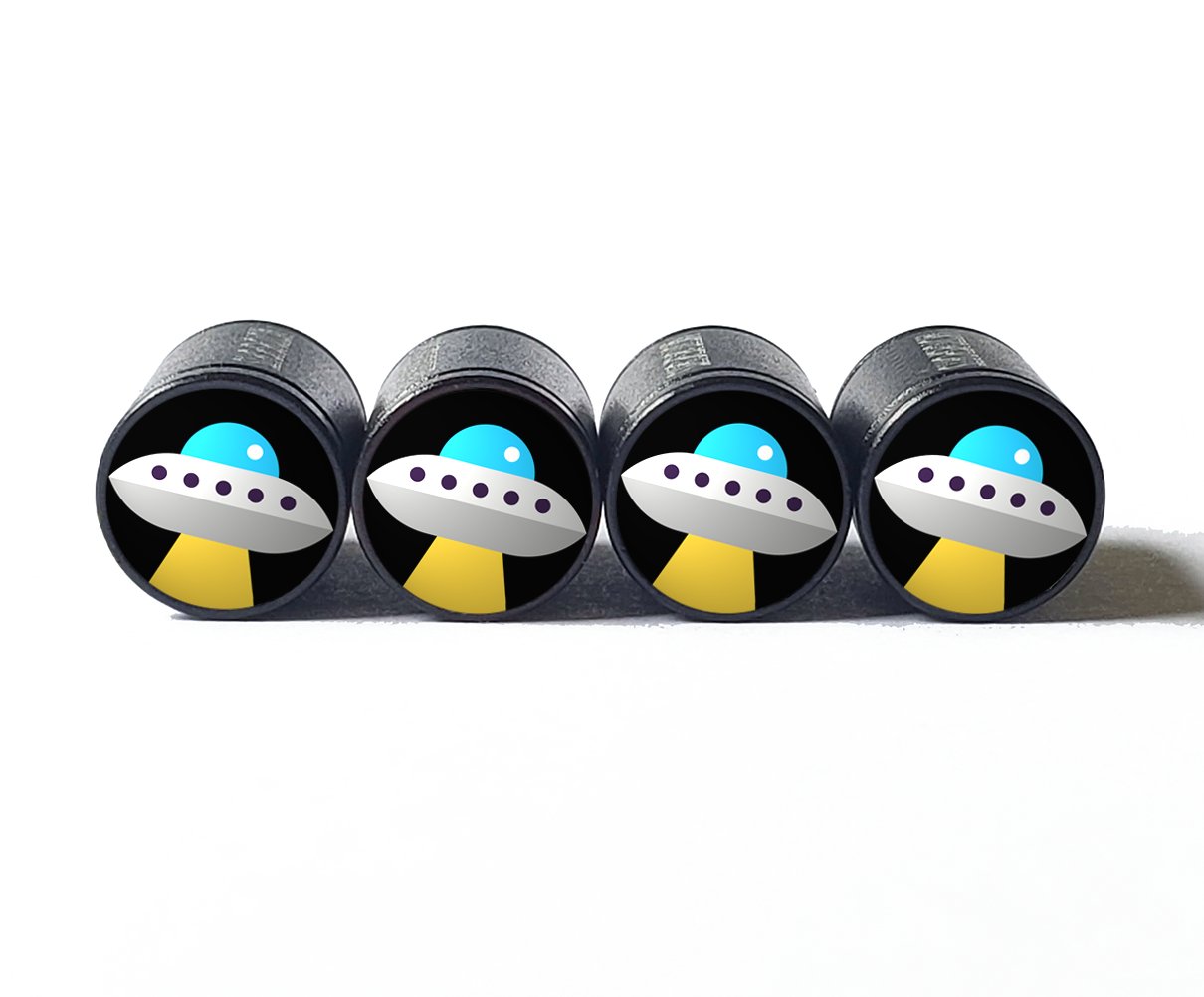 UFO Spaceship Tire Valve Caps - Black Aluminum - Set of Four