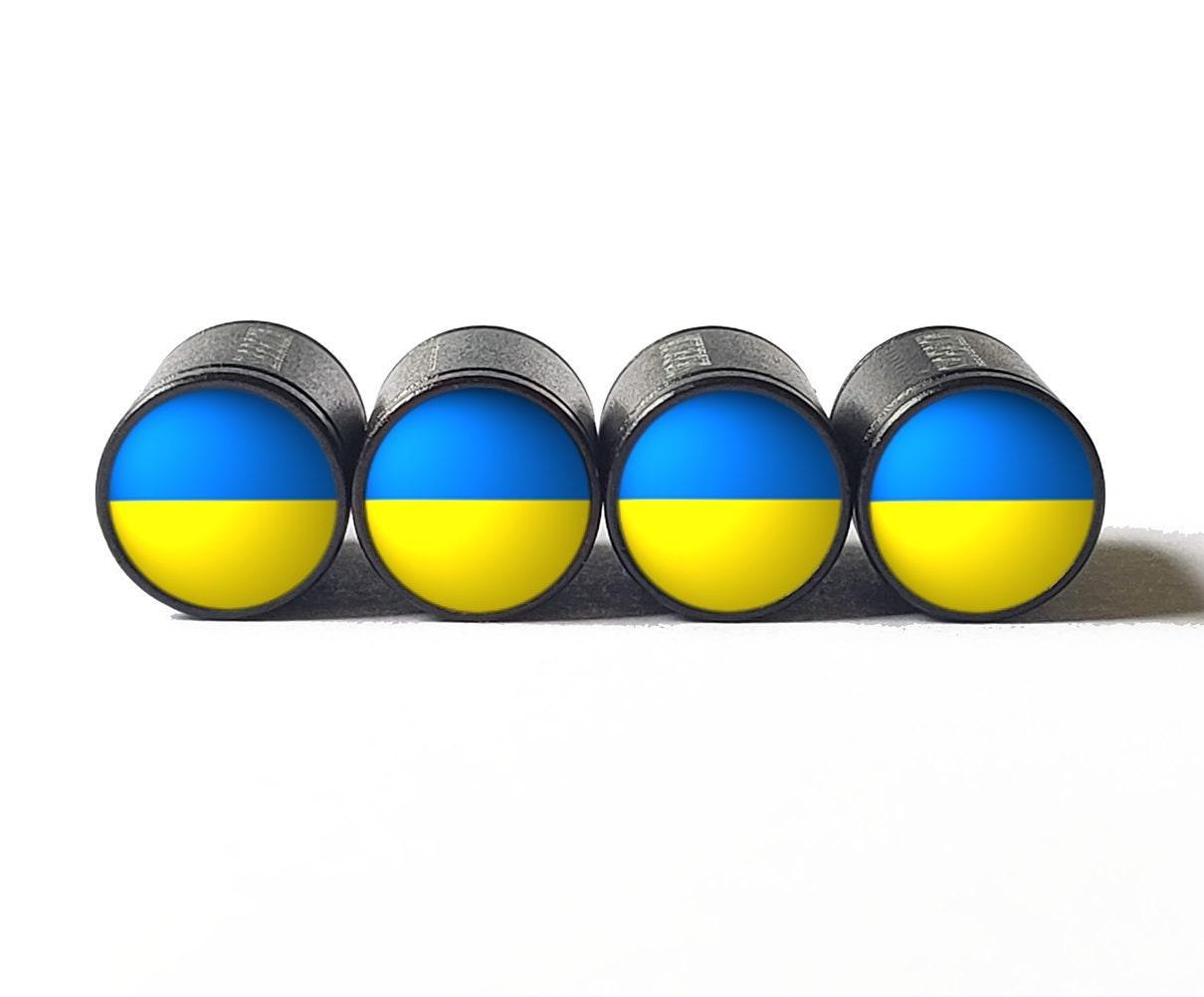 Ukraine Flag Tire Valve Stem Caps - Black Aluminum - Set of Four