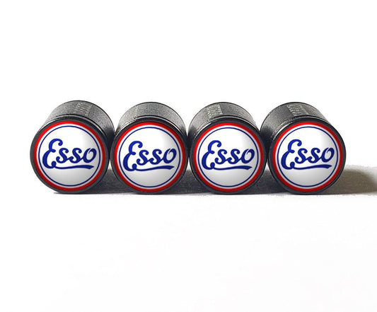 Vintage Esso Gas Logo Tire Valve Caps - Black Aluminum - Set of Four