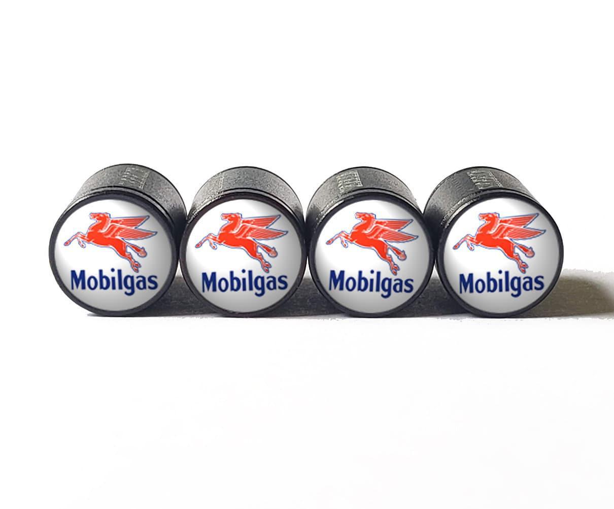 Vintage Mobil Gas Logo Tire Valve Caps - Black Aluminum - Set of Four