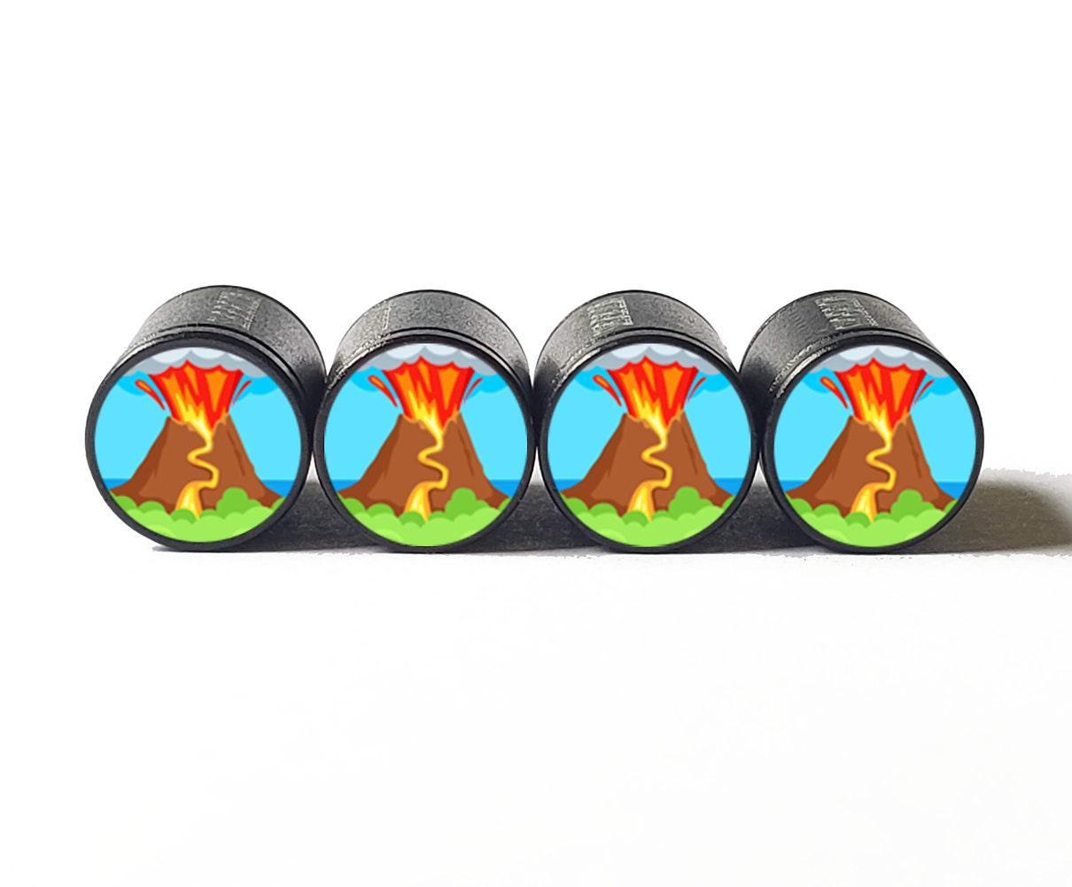 Volcano Eruption Emoji Tire Valve Caps - Black Aluminum - Set of Four