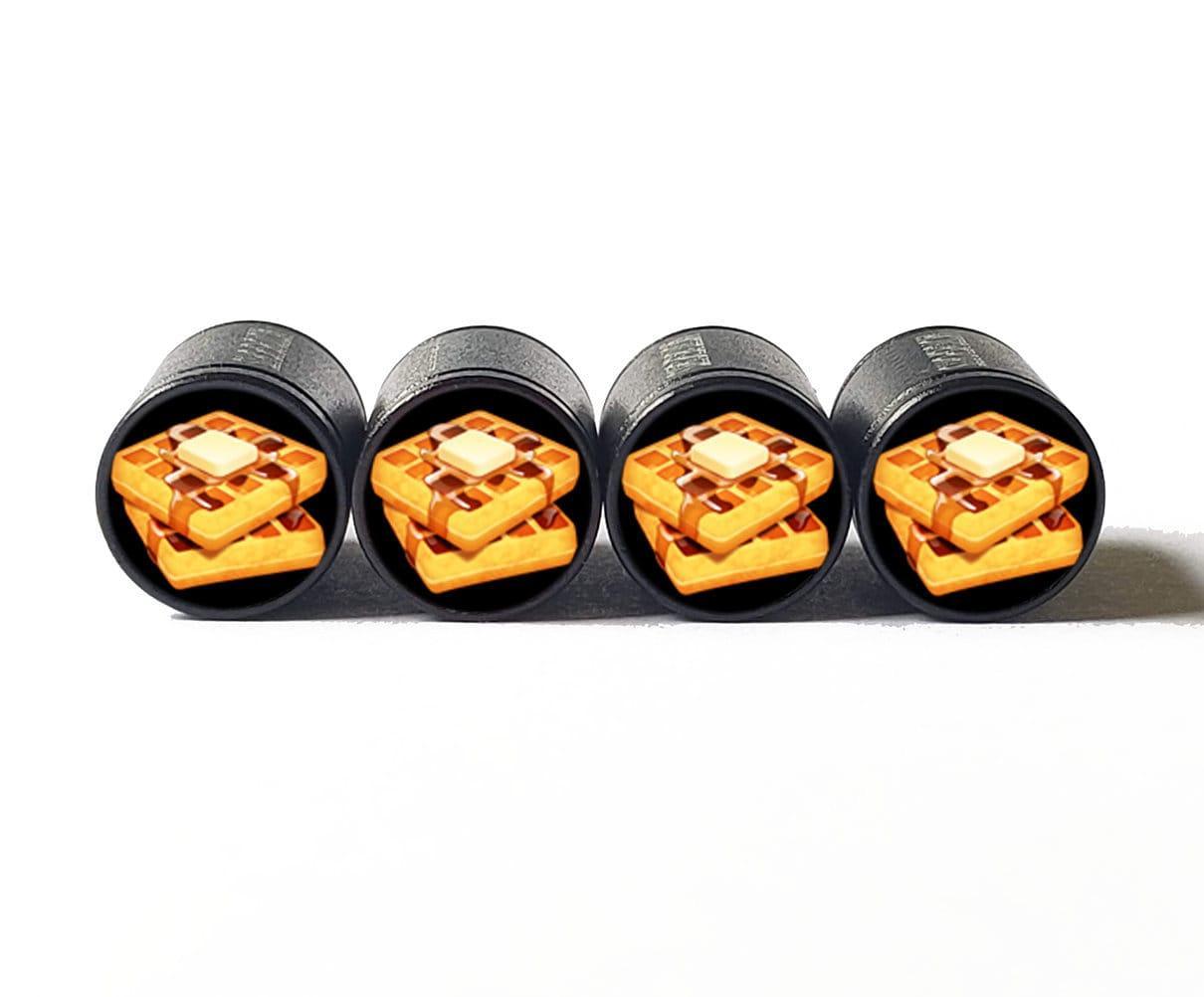 Waffles Emoji Tire Valve Stem Caps - Black Aluminum - Set of Four