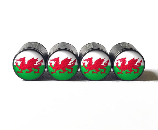 Wales Flag Tire Valve Stem Caps - Black Aluminum - Set of Four