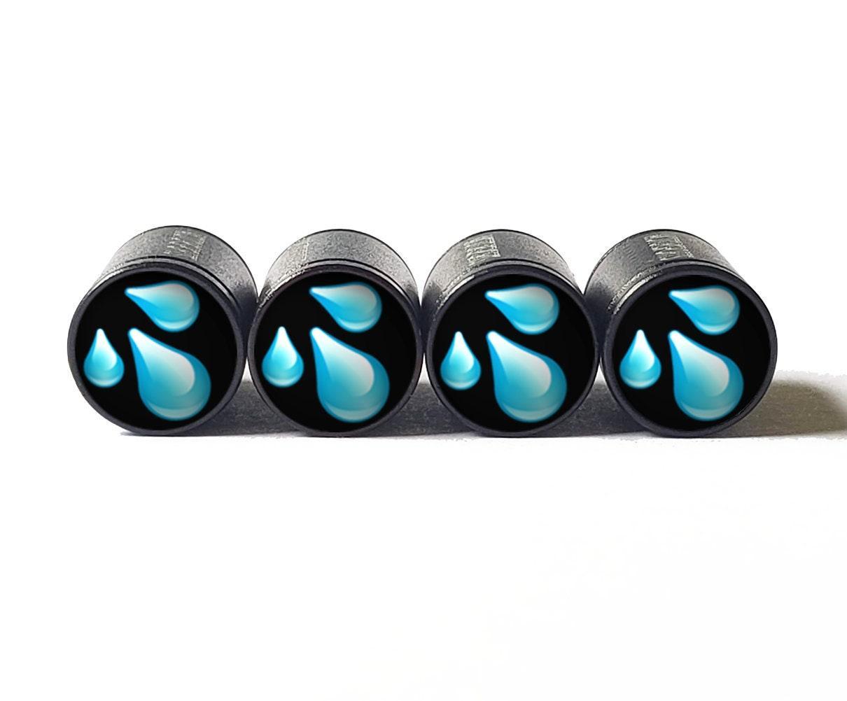 Water Drops Emoji Tire Valve Caps - Black Aluminum - Set of Four