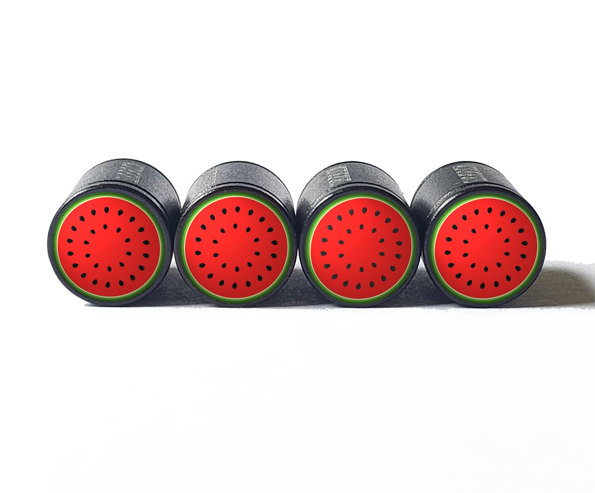 Watermelon Half Tire Valve Stem Caps - Black Aluminum - Set of Four