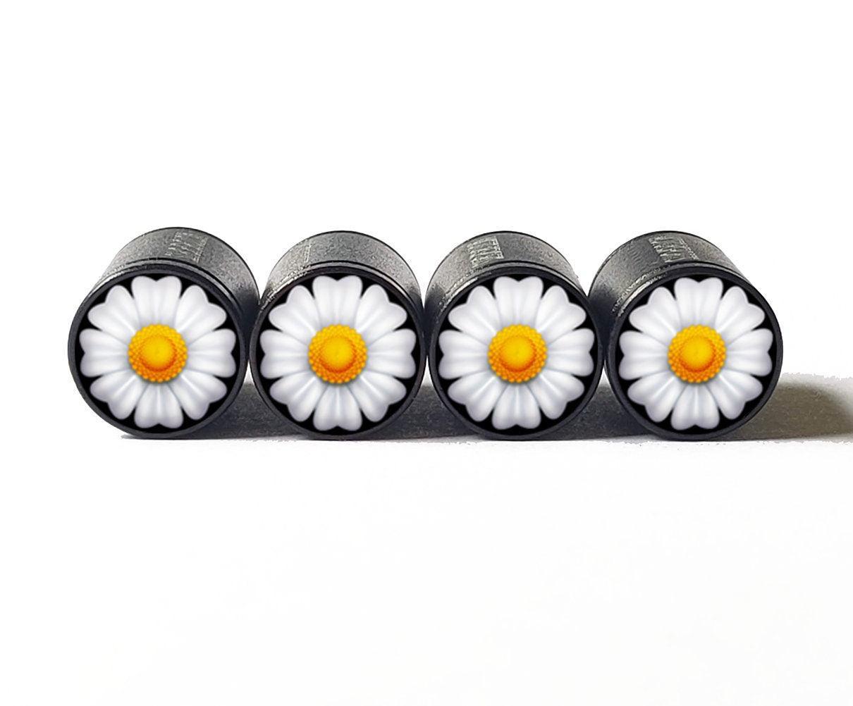 White Daisy Flower Emoji Tire Valve Caps - Black Aluminum - Set of 4