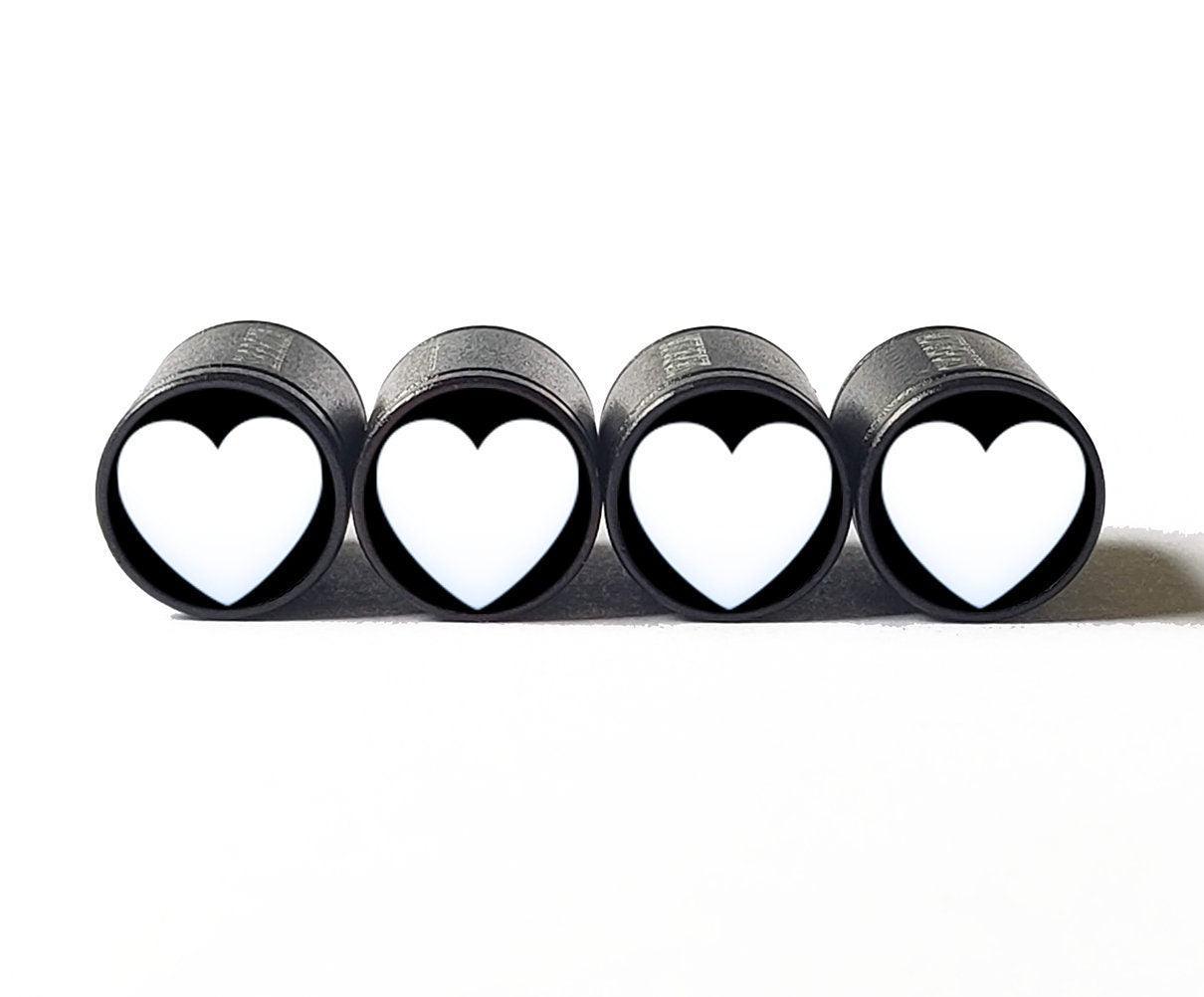 White Heart Emoji Tire Valve Caps - Black Aluminum - Set of Four