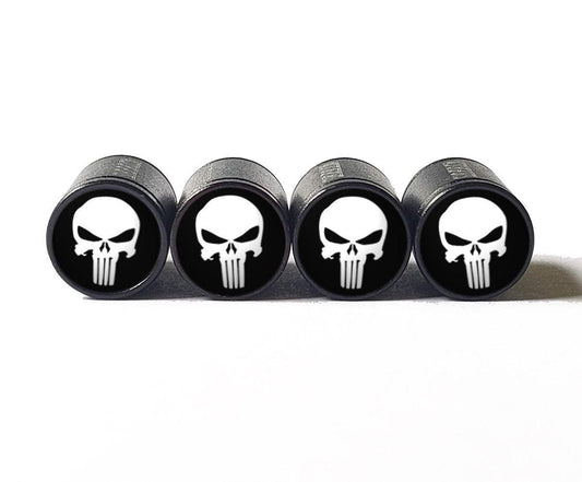 White Punisher Tire Valve Caps - Black Aluminum - Set of Four