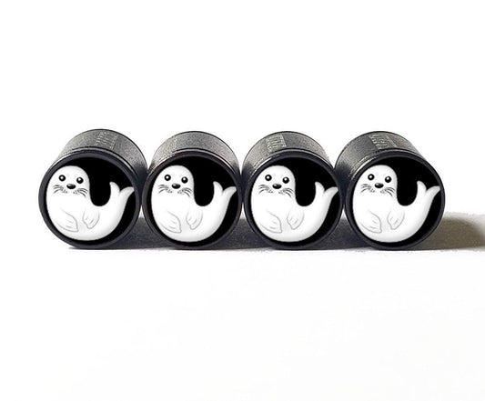 White Seal Emoji Tire Valve Caps - Black Aluminum - Set of Four