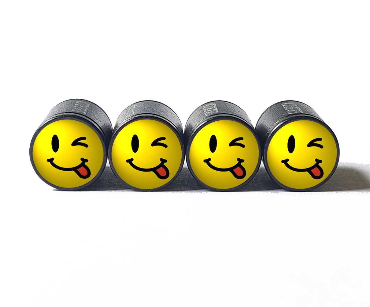 Winking Smiley Face with Tongue Out Tire Valve Caps - Set of Four