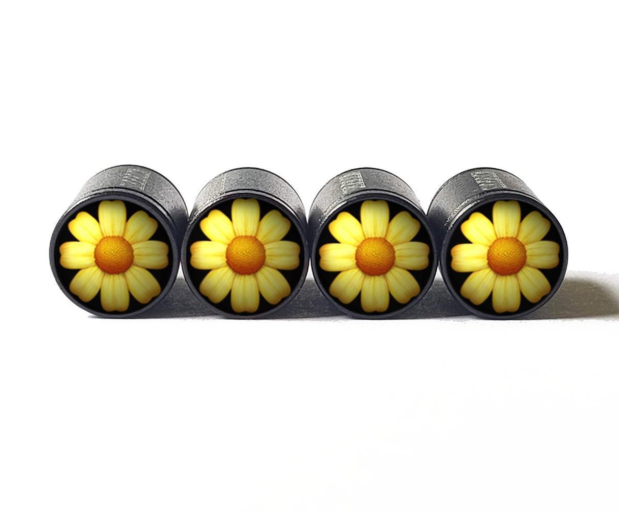 Yellow Daisy Flower Emoji Tire Valve Caps - Black Aluminum - Set of 4