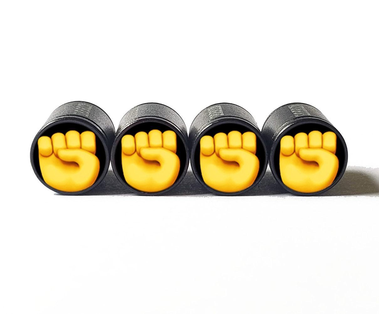 Yellow Fist Emoji Tire Valve Caps - Black Aluminum - Set of Four