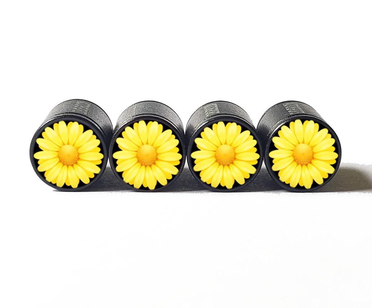 Yellow Flower Emoji Tire Valve Caps - Black Aluminum - Set of Four