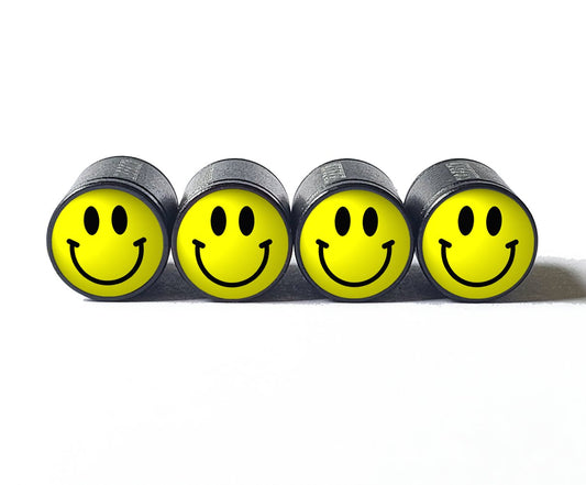 Yellow Happy Face Tire Valve Caps - Black Aluminum - Set of Four