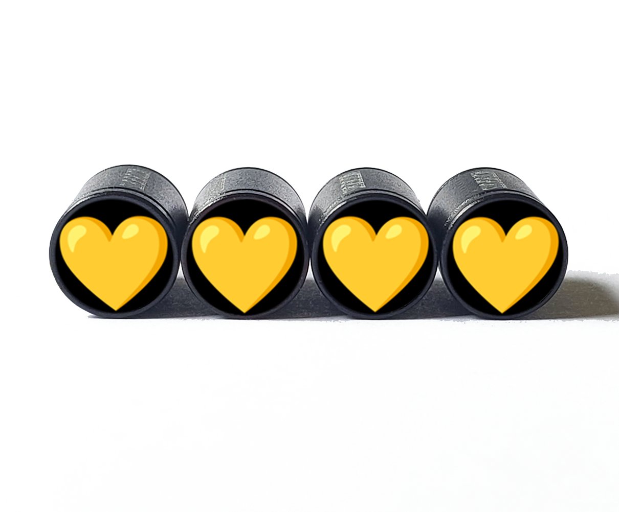 Yellow Heart Emoji Tire Valve Caps - Black Aluminum - Set of Four