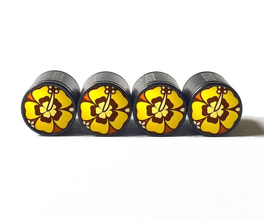 Yellow Hibiscus Flower Tire Valve Caps - Black Aluminum - Set of 4