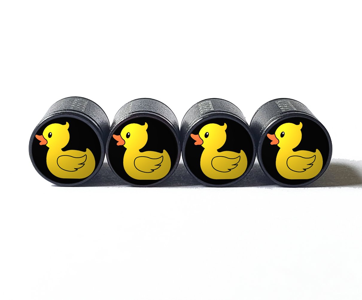 Yellow Rubber Ducky Tire Valve Caps - Black Aluminum - Set of Four