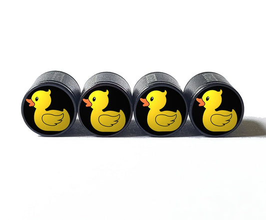 Yellow Rubber Ducky Tire Valve Caps - Black Aluminum - Set of Four